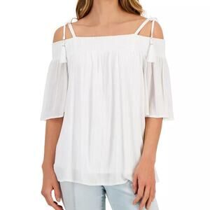 NWT JM Collection White Gold Shimmer Off Shoulder Tassel Tie Straps Petite Large